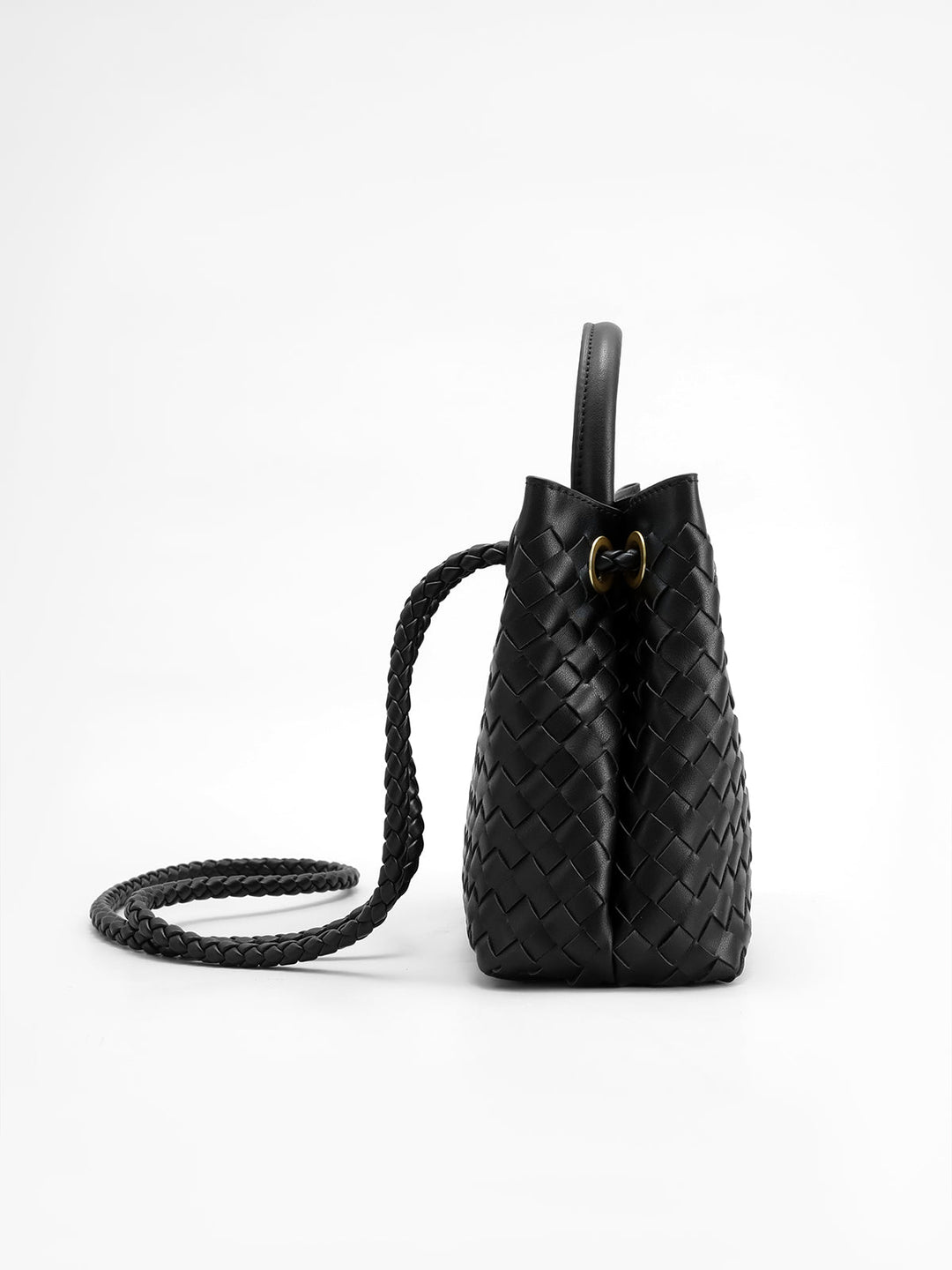 Elegant women's black woven top handle bag with unique twist detail, a structured and chic fashion accessory for everyday.