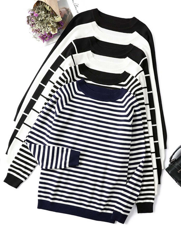 Chic cozy women's striped knitted pullover sweater. Perfect for autumn & winter comfort.