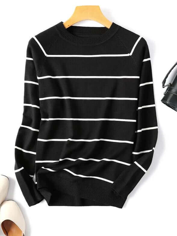 Elegant women's striped knitted pullover. Chic long sleeve sweater, perfect for cozy winter warmth.