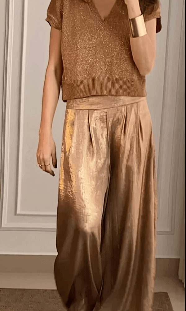 Chic gold women's two-piece pant set, tailored for effortless style and comfort, perfect for spring fashion.
