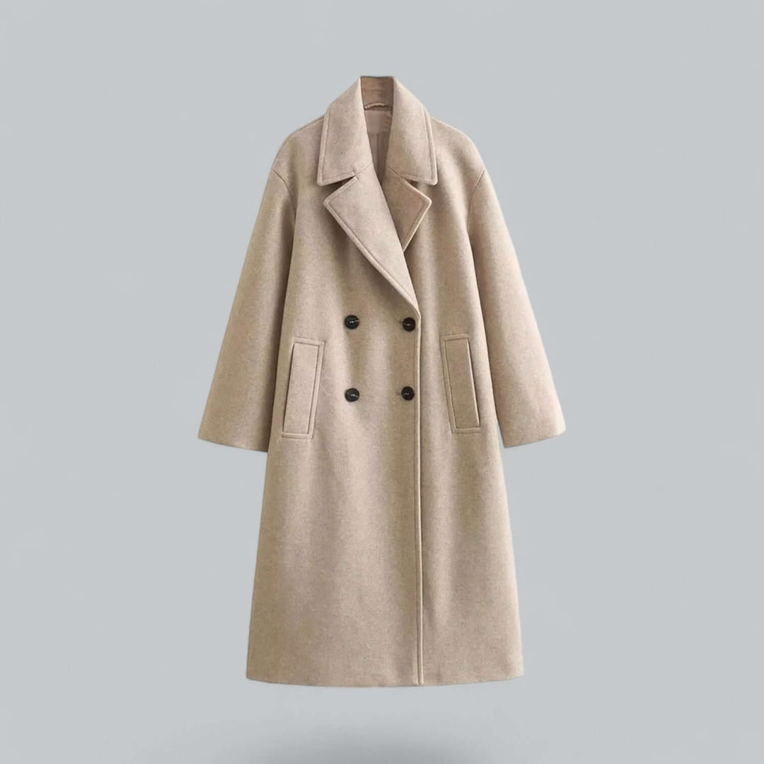 Stylish women's oversized buttoned coat, perfect for elegant winter fashion and outerwear.