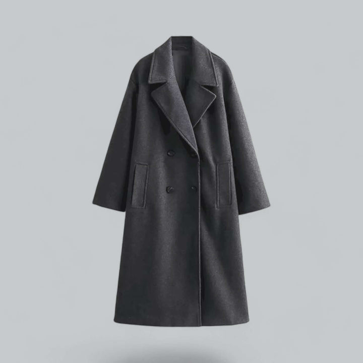 Windproof, water-resistant women's oversized winter coat. Buttoned, long, and stylish outerwear.
