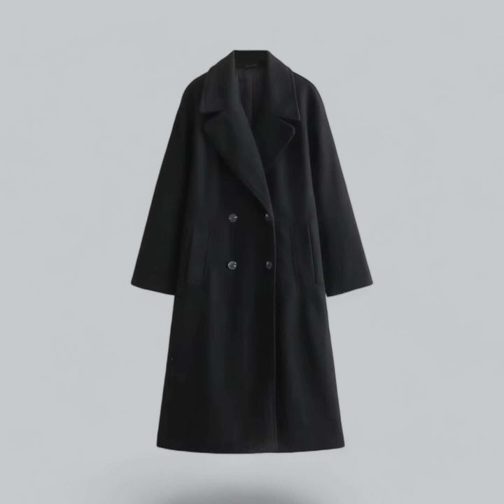 Elegant oversized buttoned women's coat for sophisticated, effortless winter style.
