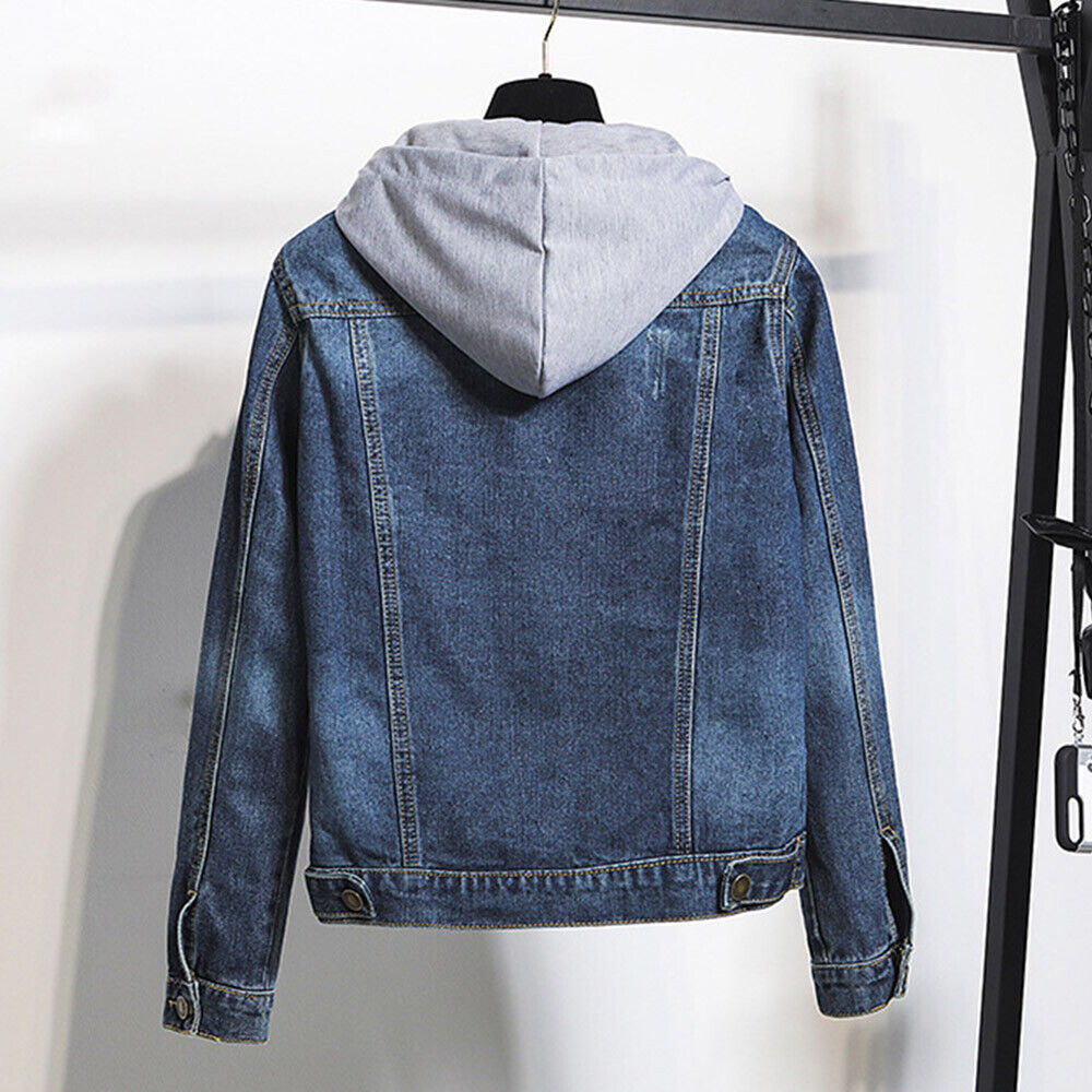 Women's plus size hooded denim jacket in light blue, a comfortable and stylish outerwear choice for fall and spring.