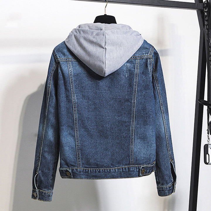 Women's plus size hooded denim jacket in light blue, a comfortable and stylish outerwear choice for fall and spring.