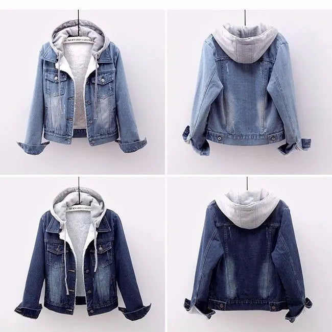 Stylish plus size light blue denim jacket with hood, offering comfortable fit and urban chic for curvy women.