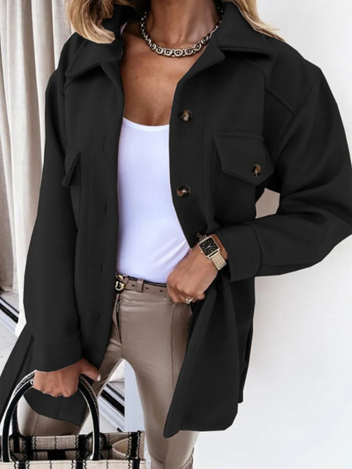 Women's elegant slim fit spring jacket made from a lightweight polyester blend, ideal for mid-season wear.