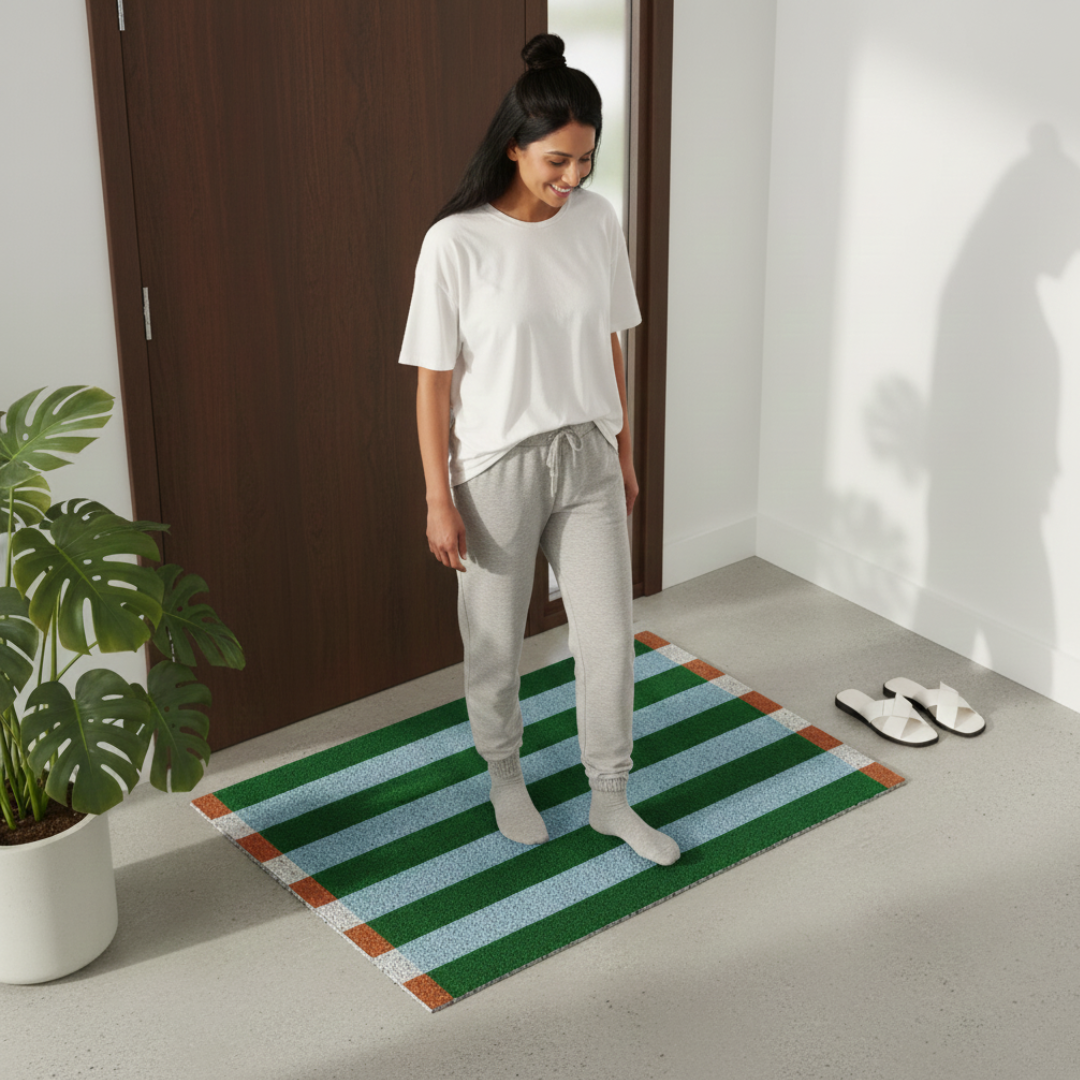 Chic striped PVC doormat, durable & anti-slip outdoor entryway mat. Perfect modern floor decor.