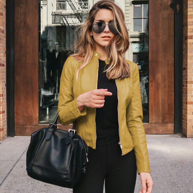 Stylish women's navy leather jacket, comfortable & versatile for everyday fashion. A modern elegant choice.