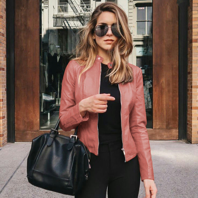 Versatile women's blue leather jacket, offering chic everyday style and comfort for modern casual fashion.