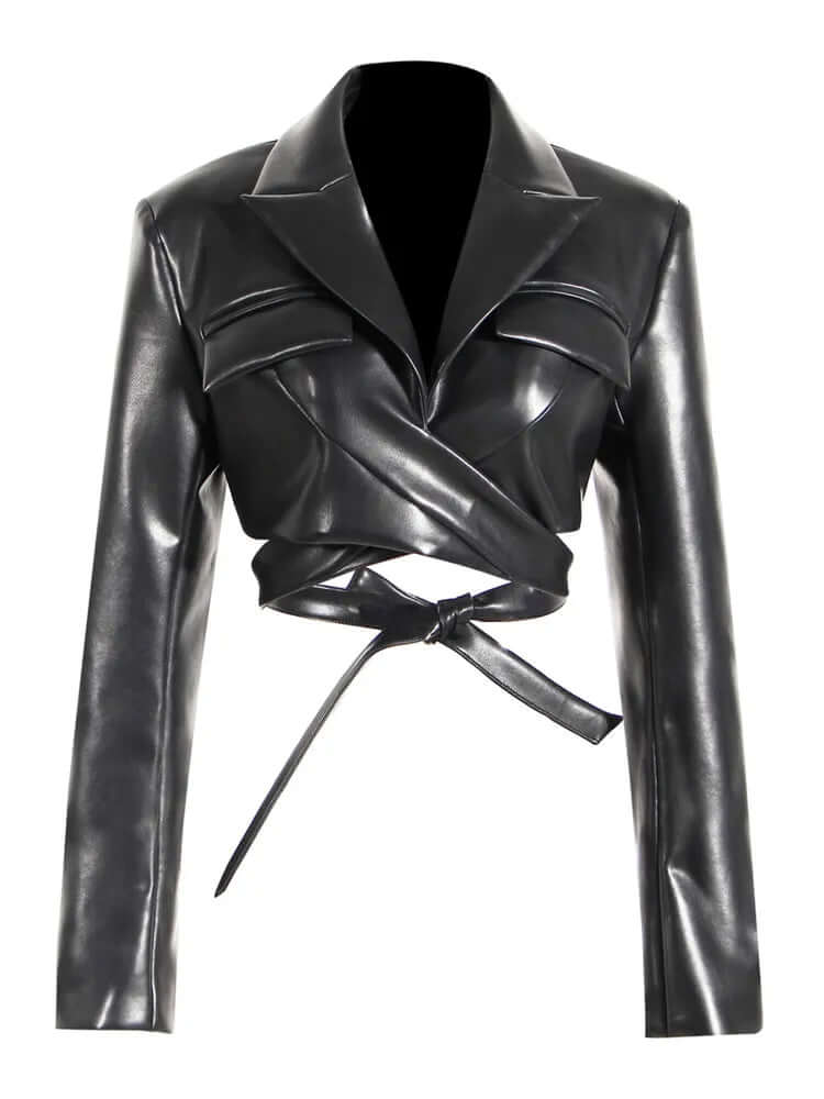 Chic women's black PU leather jacket with a flattering waistband, perfect for a slim, stylish fit.