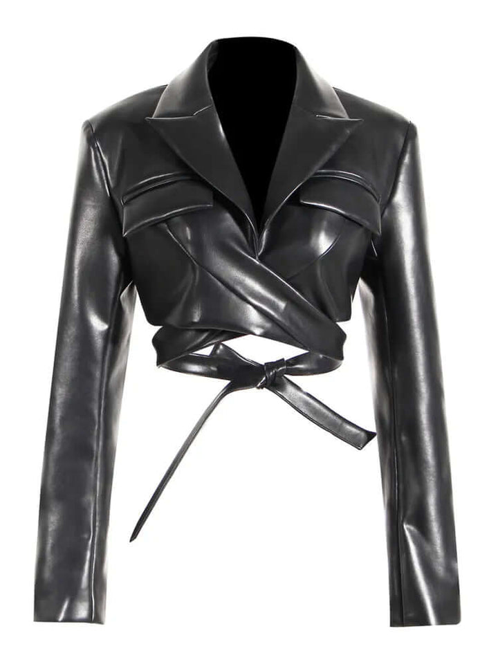 Chic women's black PU leather jacket with a flattering waistband, perfect for a slim, stylish fit.