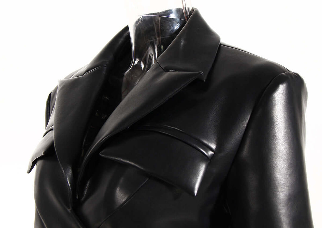 Stylish women's PU leather jacket, black, featuring a flattering waistband for versatile fashion outerwear.