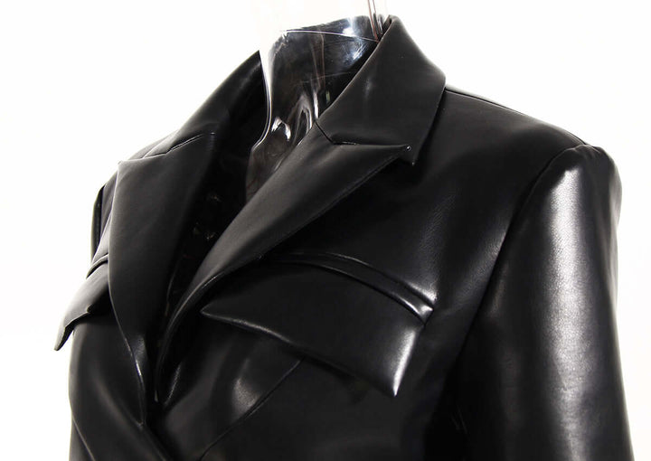 Stylish women's PU leather jacket, black, featuring a flattering waistband for versatile fashion outerwear.