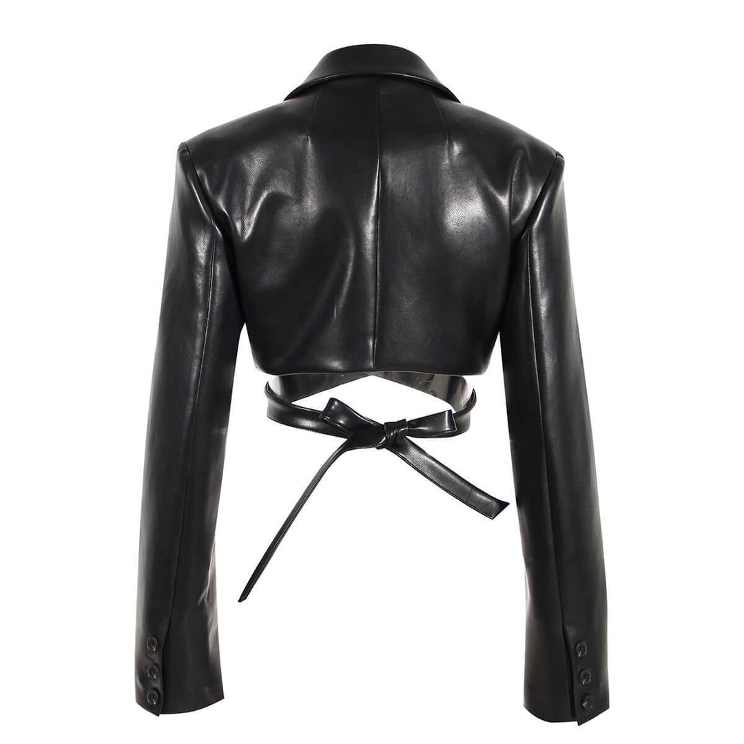 Slim fit women's black PU leather jacket, designed with a flattering waistband for a chic look.