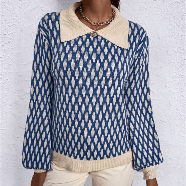 Chic women's blue knitted collared sweater, perfect for elegant fall & winter style. Comfortable long sleeve top.