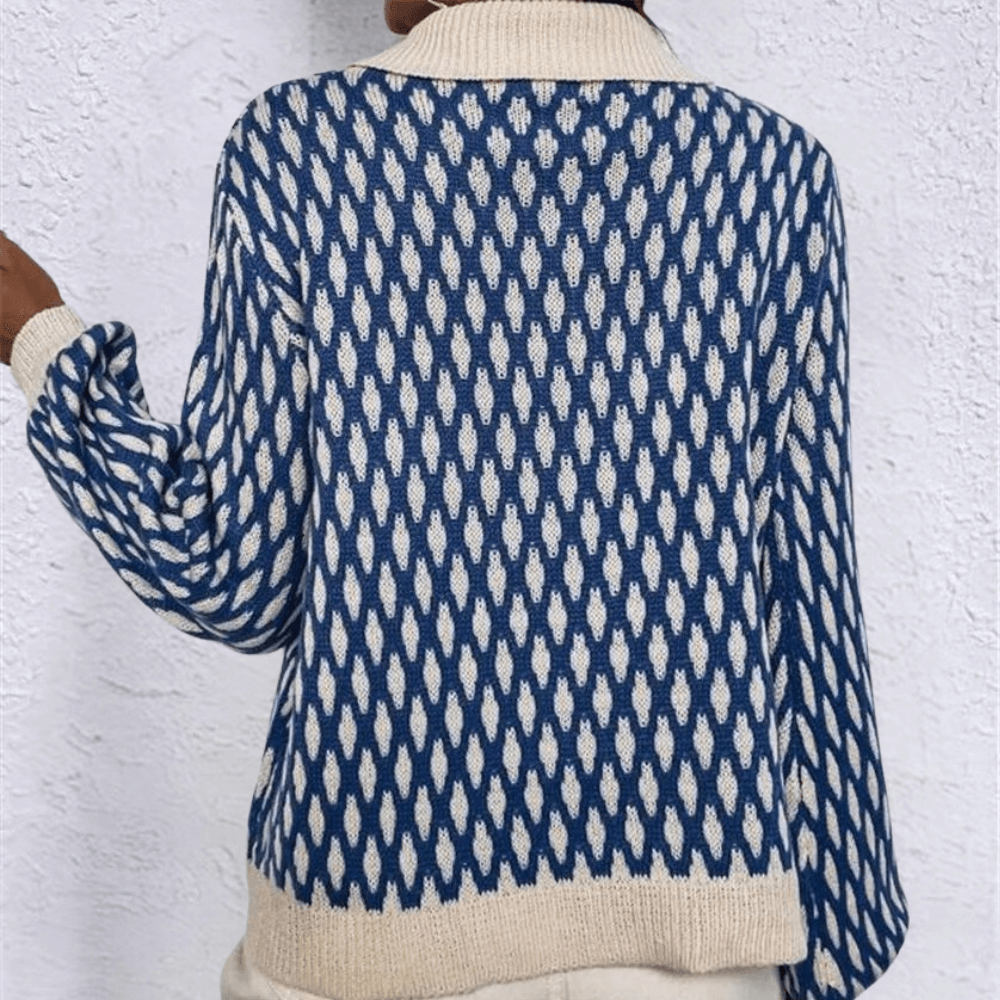 Comfortable women's blue knitted collared sweater for versatile casual & chic wear. Long sleeve, elegant fall fashion.
