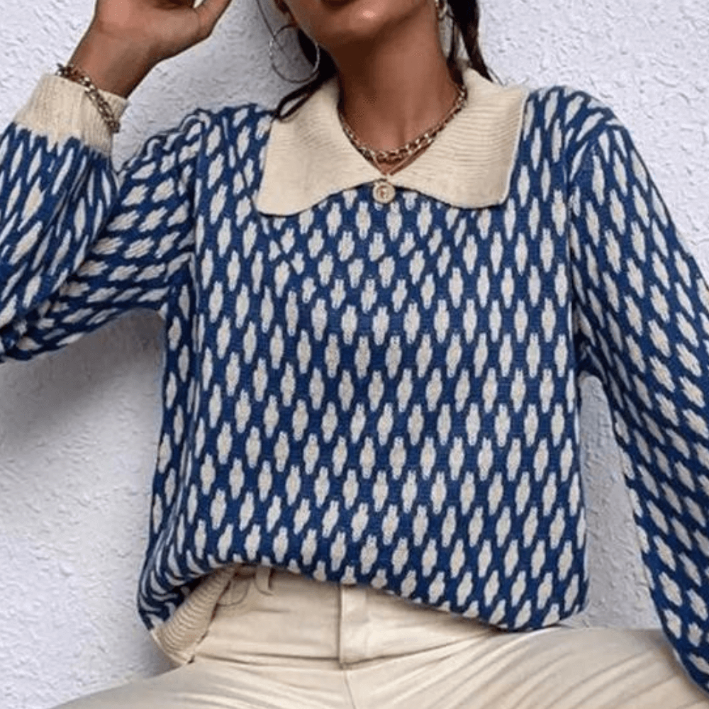 Women's blue knitted collared sweater, a chic & comfortable long sleeve top for effortless fall fashion & winter style.