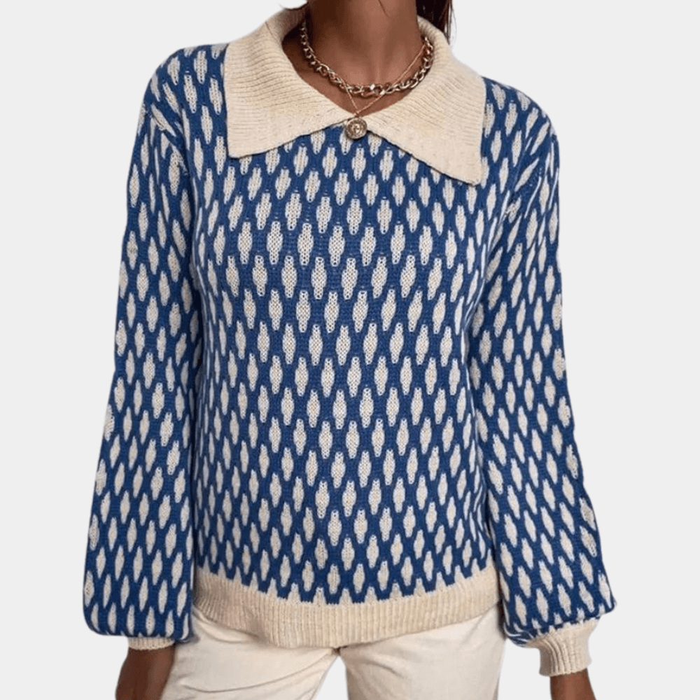 Blue women's knitted collared long sleeve top. Chic and comfortable for everyday casual wear, versatile fall fashion.