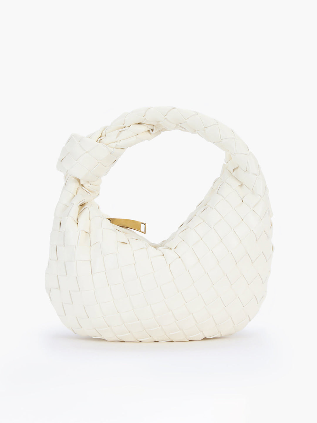 Unique women's shoulder bag featuring a braided knot handle, a textured and chic fashion handbag.