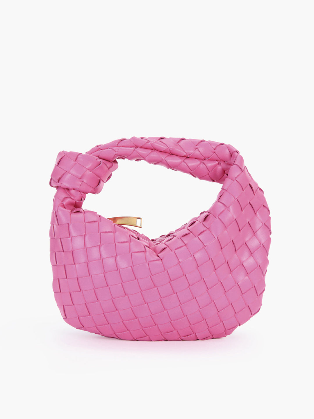 Close-up of a women's shoulder bag, highlighting its elegant braided knot handle & textured finish.