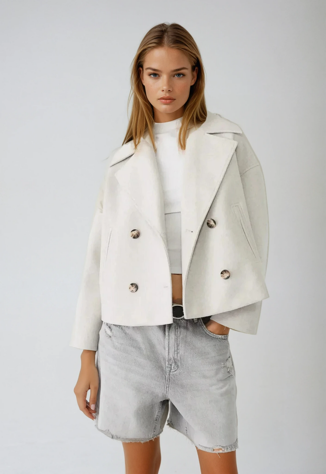 Chic women's cropped double-breasted jacket, perfect for modern fall & winter style. Tailored outerwear.