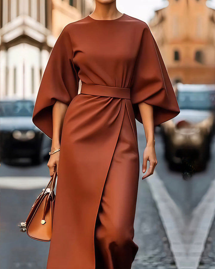 Elegant terracotta women's summer midi dress featuring stylish puff sleeves for a chic & fashionable look.
