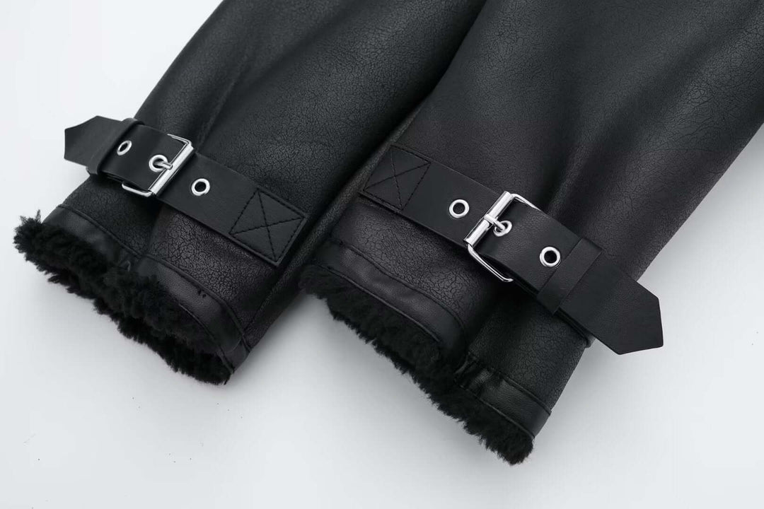 Chic women's faux leather jacket with plush fur collar, perfect for stylish winter outerwear.