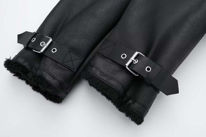 Chic women's faux leather jacket with plush fur collar, perfect for stylish winter outerwear.