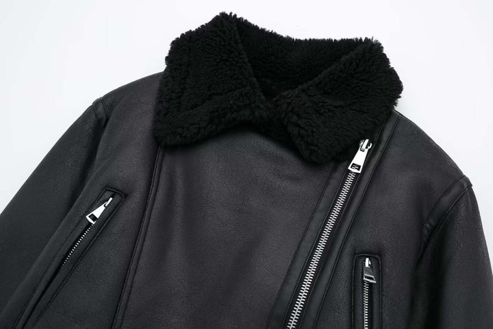Elegant women's faux leather jacket with a plush fur collar, ideal for warm, stylish winter fashion.