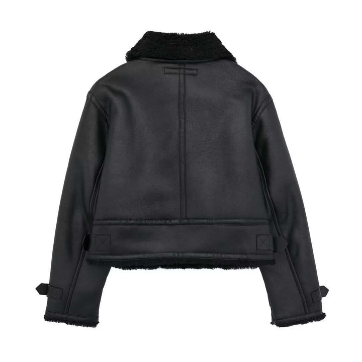 Stylish women's faux leather jacket, featuring a plush fur collar for a chic winter outerwear look.