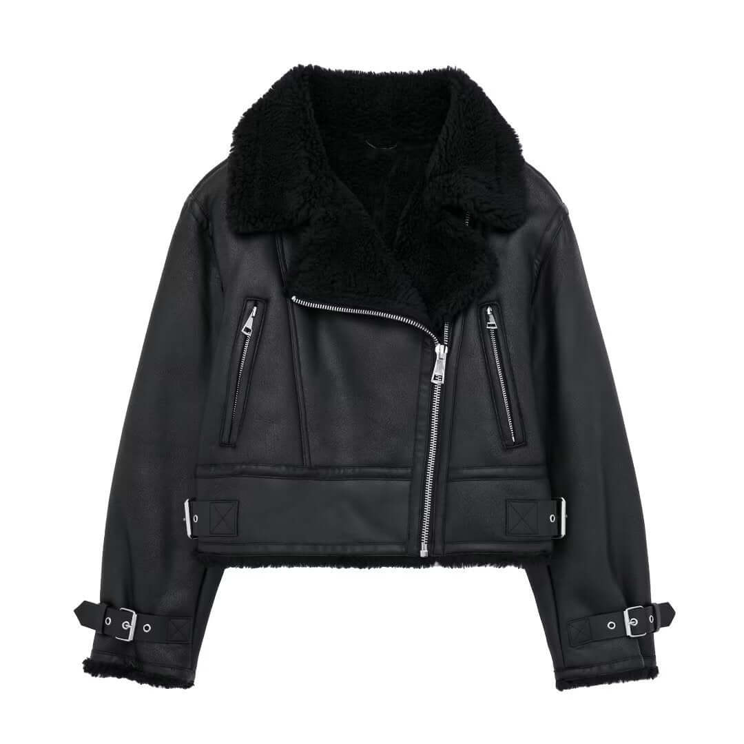 Warm, chic women's faux leather jacket with a luxurious plush fur collar, essential winter outerwear.