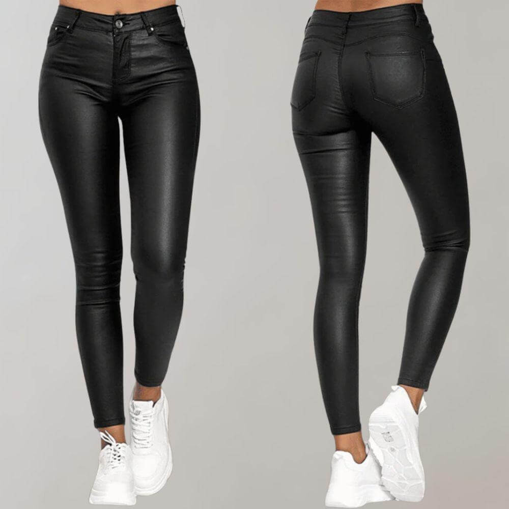 Chic women's faux leather pants, slim fit with high waist. Comfortable & stylish for versatile fashion looks.