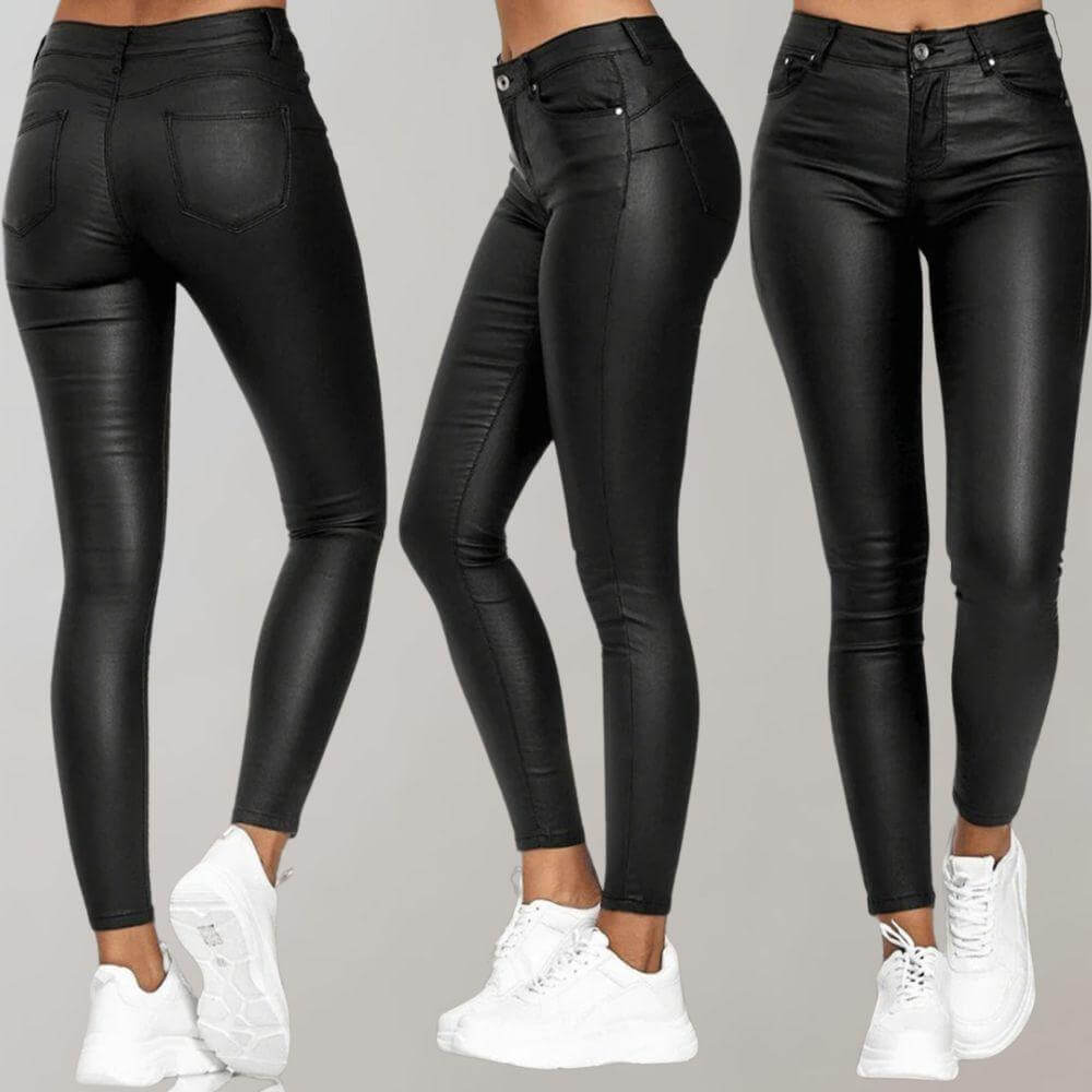 Comfortable & chic women's faux leather pants. Elegant high-waisted slim fit, perfect for stylish outfits.