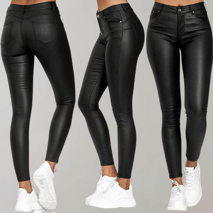 Comfortable & chic women's faux leather pants. Elegant high-waisted slim fit, perfect for stylish outfits.