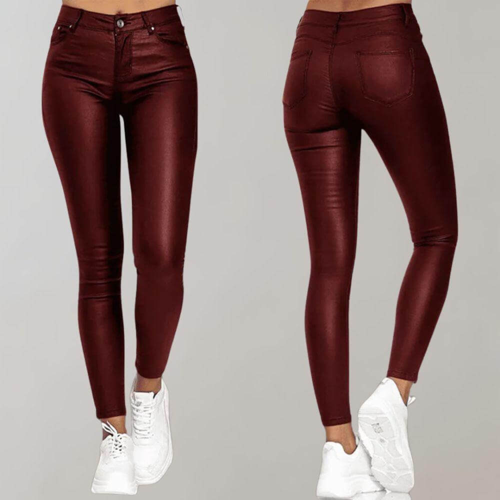 Stylish women's faux leather pants, comfortable high-waisted slim fit. Perfect for chic everyday fashion.