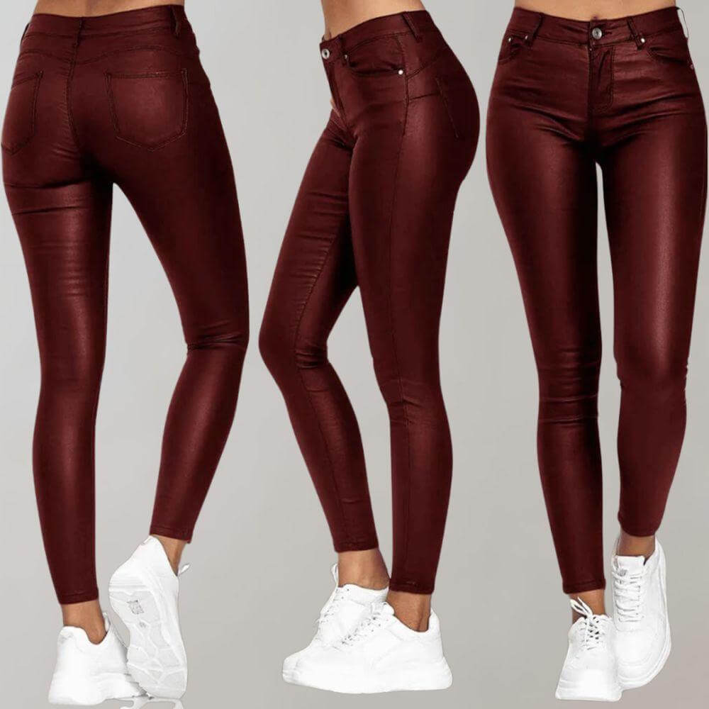 Women's sleek faux leather pants, comfortable & chic. High-waisted slim fit for versatile, elegant fashion.