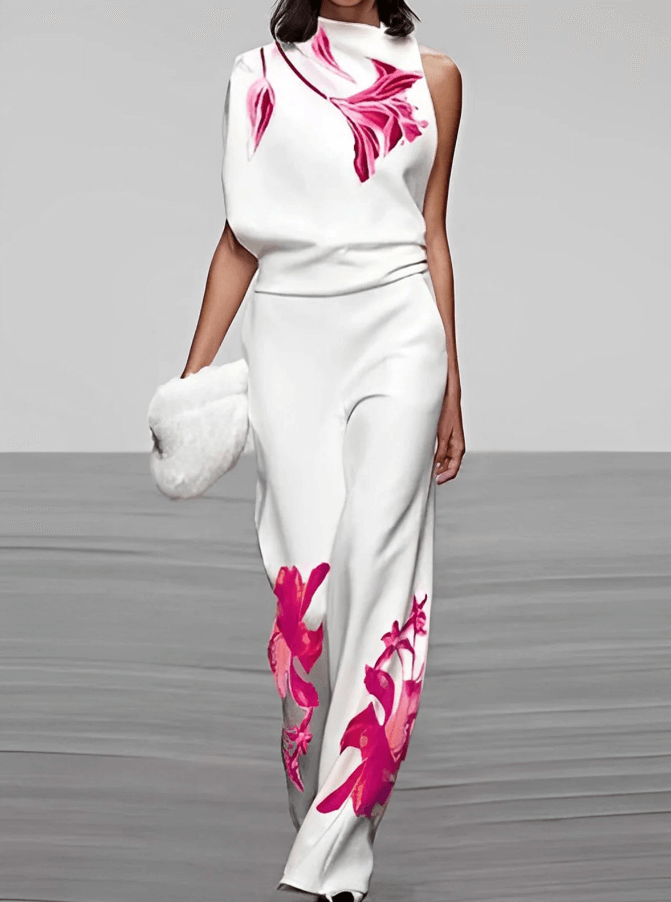 Chic women's floral turtleneck top & wide-leg pants two-piece set. Elegant, comfortable spring/summer fashion.