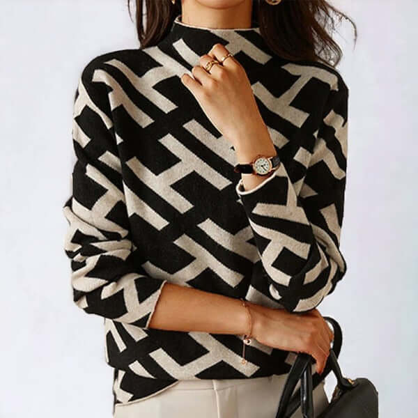 Chic women's geometric knitted top, long sleeve sweater for modern style & comfort, perfect for casual elegance.