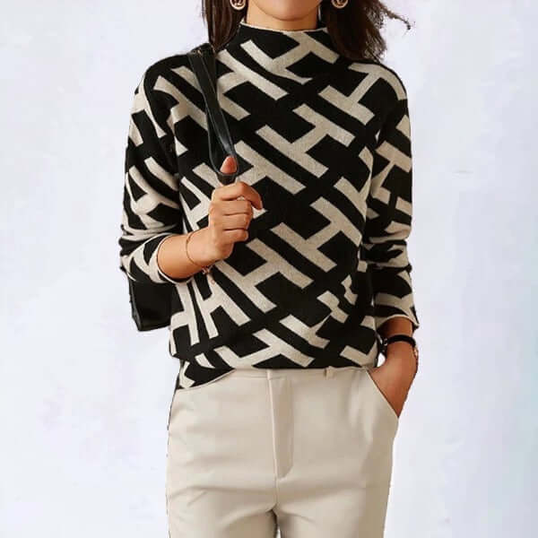 Versatile women's long sleeve geometric knit top. Modern, comfortable knitwear for elegant or casual fashion.