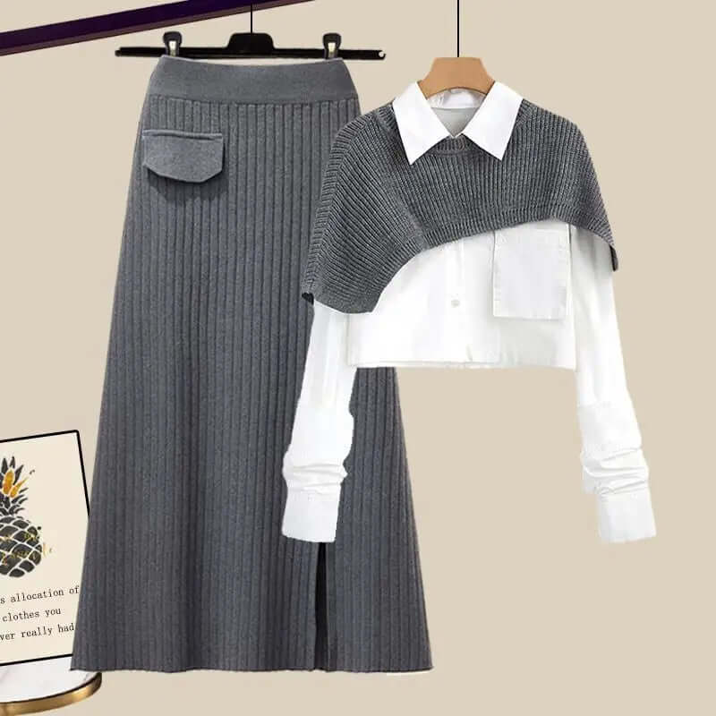 Chic women's knitted high-waisted skirt set. Comfortable two-piece matching outfit, perfect for fall and winter fashion.