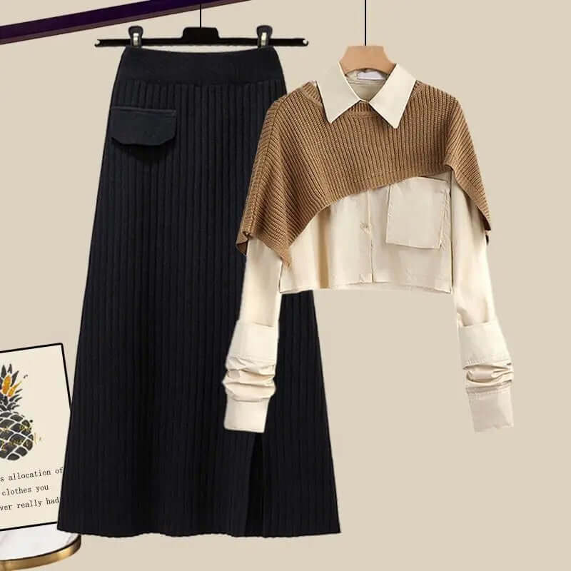 Soft stretch knit women's high-waisted skirt set, a versatile two-piece matching outfit for chic fall and winter wear.