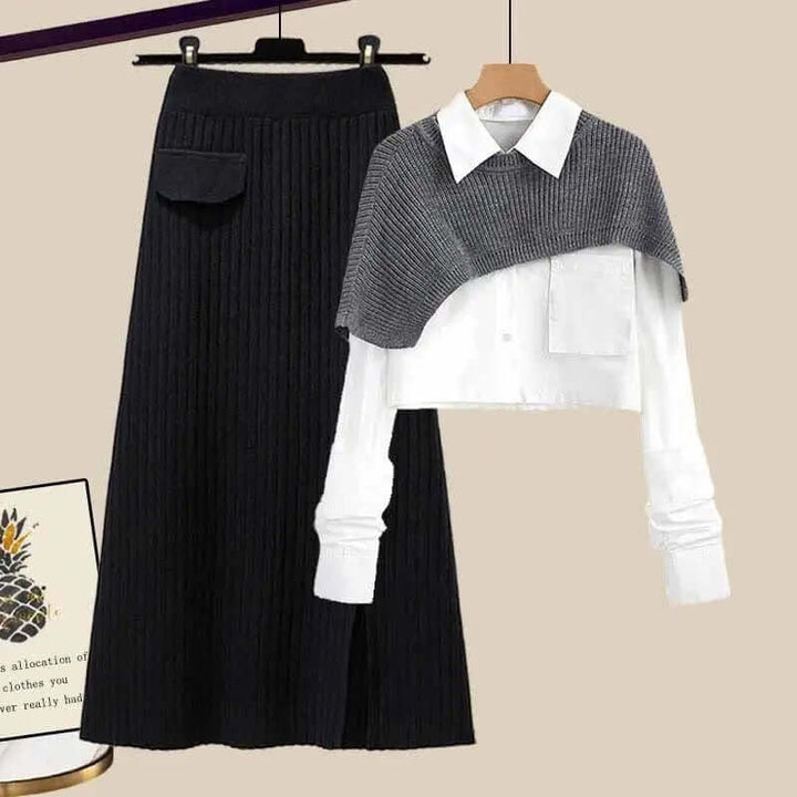 Stylish women's high-waisted knitted skirt set. Elegant two-piece matching outfit, ideal for comfortable fall & winter.