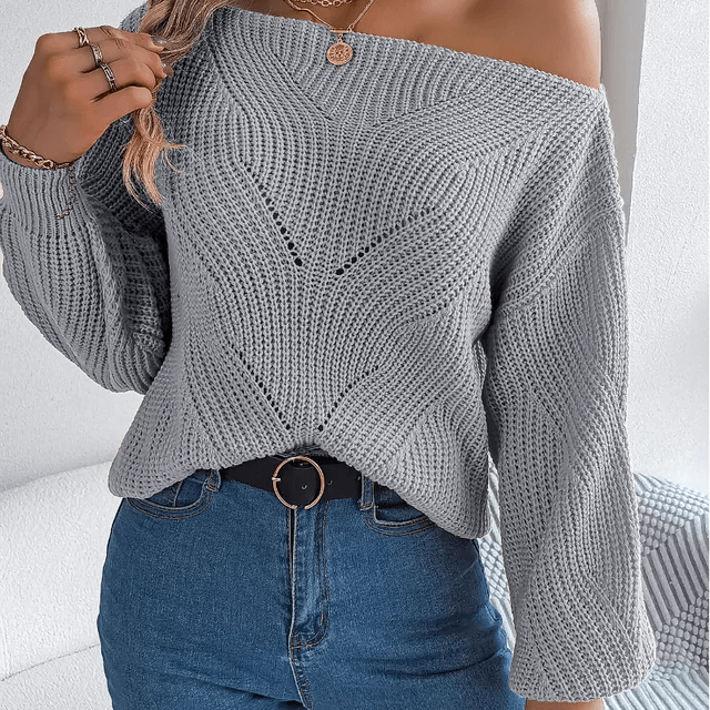 Comfortable women's off-shoulder knit sweater for elegant fall and winter wear. Stylish long sleeve pullover.