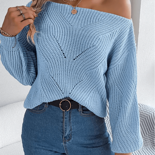 Soft knit off-shoulder sweater for women, stylish and cozy, ideal for casual or chic outfits. Versatile long sleeve.