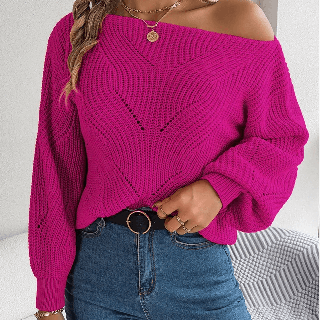 Cozy chic women's off-shoulder knit sweater, a stylish and comfortable long sleeve top for fall and winter.