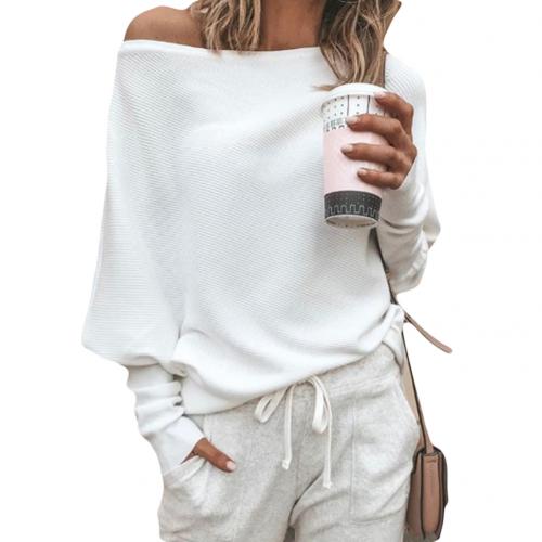 Stylish women's off-shoulder knitted jumper, ideal for autumn fashion and cozy winter wear.