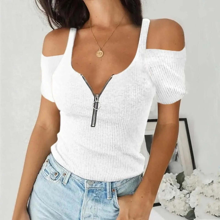 Chic women's off-shoulder ribbed knit top with stylish zipper detail, slim fit, and long sleeves for versatile wear.