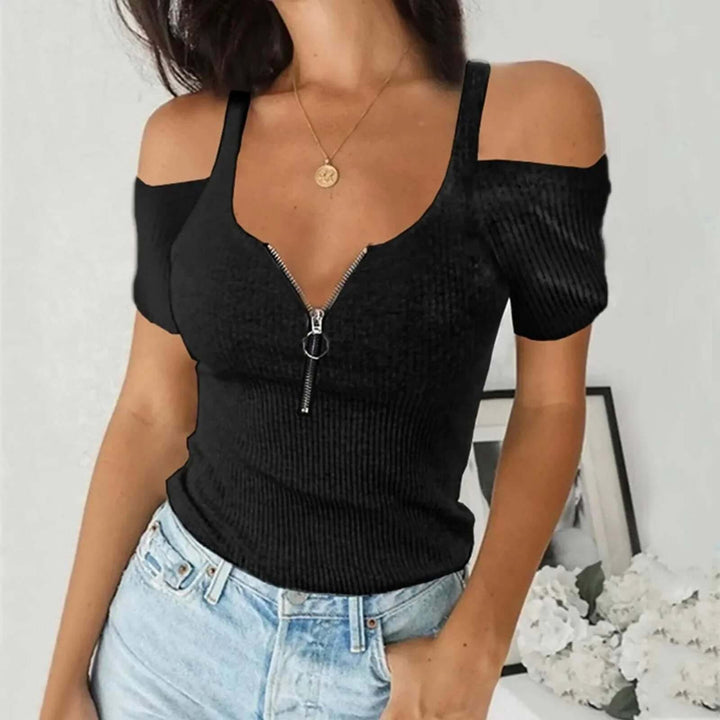 Slim-fit women's off-shoulder ribbed knit top. Elegant long sleeve design with chic zipper detail, great for fashion-forward looks.
