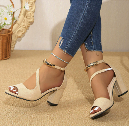 Chic women's open toe block heels with elegant ankle strap. Perfect for summer events & parties.